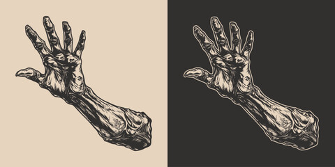 Vintage retro halloween zombie undead monster hand arm. Scary boo horror spooky illustration. Monochrome Graphic Art. Vector. Hand drawn element in engraving art