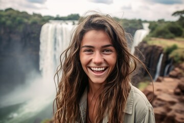 Medium shot portrait photography of a jovial girl in his 20s wearing a sparkling brooch at the victoria falls in livingstone zambia. With generative AI technology