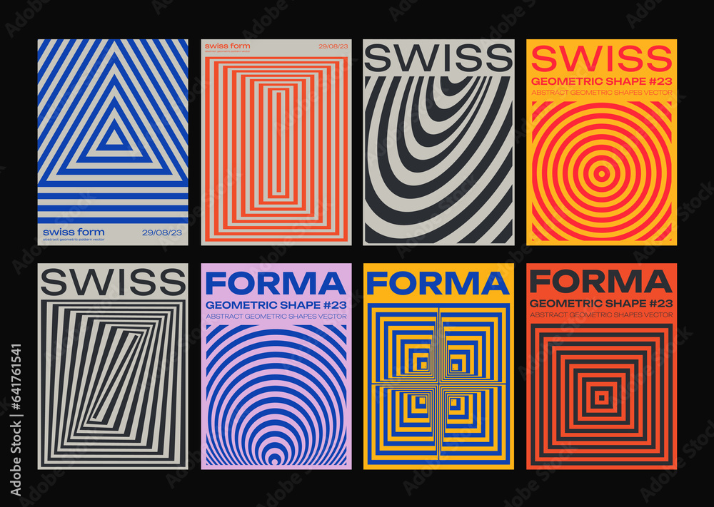 Wall mural Cool Swiss Design Posters Collection. Set of Abstract Geometric Placards. Modern Minimalist Cover. Optical Illusion Shapes.