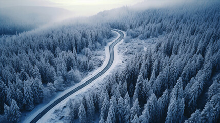 A bird's-eye view captures the twisting path of a snowy road as it navigates through a forested terrain.