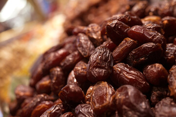 Sweet dried dates on the counter in market