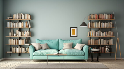 Living room. Modern interior design and aqua sofa color,gray book shelf. Generative AI