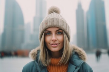 Medium shot portrait photography of a content girl in her 40s wearing a warm trapper hat in front of the burj khalifa in dubai uae. With generative AI technology