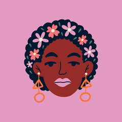 Portrait of a beautiful african american woman with daisies in hair. Avatar of african female character isolated on background. Flat vector cartoon illustration. Avatar for social network.