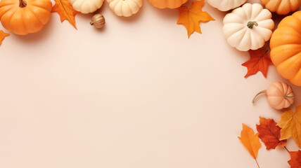 Autumn composition with pumpkins and leaves on beige background. Generative AI