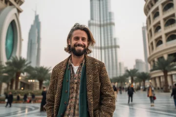 Photo sur Aluminium Dubai Medium shot portrait photography of a cheerful boy in his 30s wearing a chic cardigan in front of the burj khalifa in dubai uae. With generative AI technology