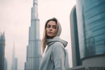 Fototapeta premium Photography in the style of pensive portraiture of a content girl in her 30s wearing a zip-up fleece hoodie in front of the burj khalifa in dubai uae. With generative AI technology