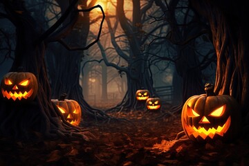 Halloween background with scary pumpkins in dark forest.Generative Ai