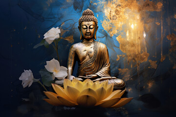 abstract buddha statue with lotus flowers background, generative AI