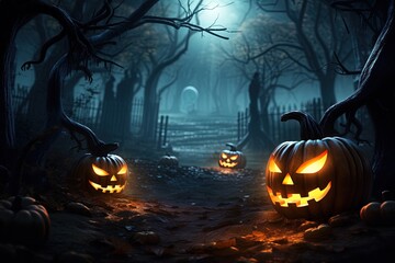 Halloween background with scary pumpkins in dark forest.Generative Ai