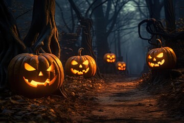 Halloween background with scary pumpkins in dark forest.Generative Ai