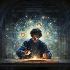 physicist calculate and imagine about the quantum physics - obrazy, fototapety, plakaty