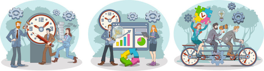Manager controlling work time. Female making presentation with chart. Happy workers riding bike, completed work tasks. Time organization and management concept. Vector illustration in cartoon style