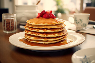 Delicious stack of pancakes with maple syrup and butter