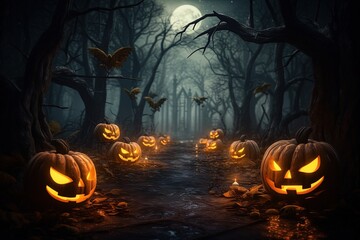Halloween background with scary pumpkins in dark forest.Generative Ai