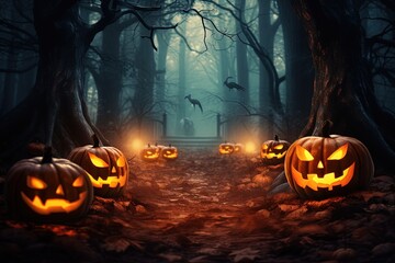 Halloween background with scary pumpkins in dark forest.Generative Ai