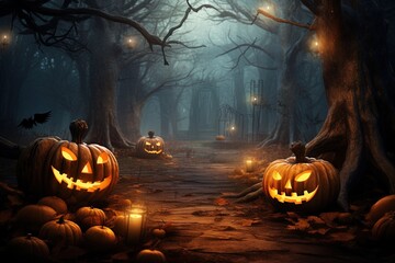 Halloween background with scary pumpkins in dark forest.Generative Ai