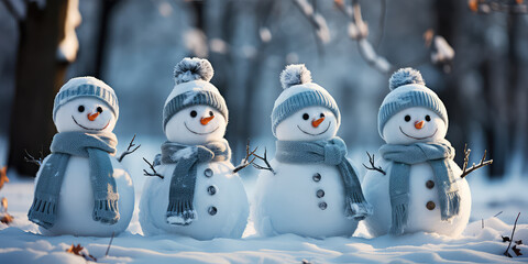 Snowman group in winter forest. Merry snowmen are standing in a snowy meadow. 