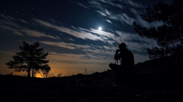 Landscape with moon in night time. Night sky with stars and silhouette Photographer take photo on the mountain