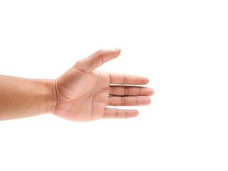 Male hands extended forward to shake hands or grab something on white background business concept.