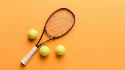 Top view of green Tennis ball and racket isolated on flat surface background with copy space for...