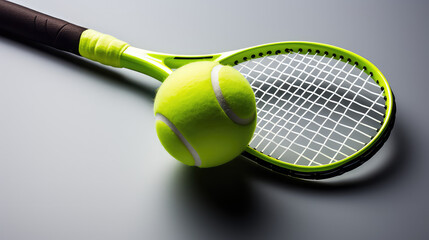 Top view of green Tennis ball and racket isolated on flat surface background with copy space for text. 