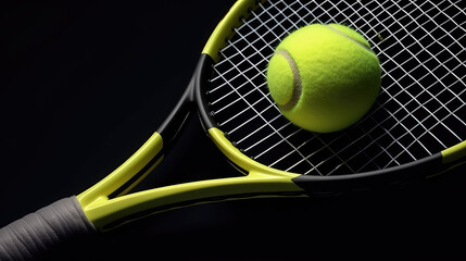 Top view of green Tennis ball and racket isolated on flat black surface background with copy space for text. 