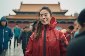 Medium shot portrait photography of a cheerful girl in her 30s wearing a functional windbreaker at the palace museum (forbidden city) in beijing china. With generative AI technology
