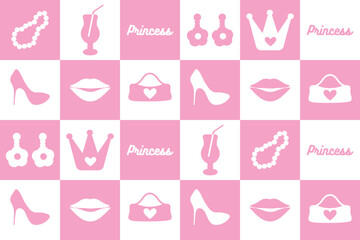 abstract square seamless pattern with cute elements for princess. crown, bag, beads, shoes. trendy pink background for girl. surface design, textile, print, wrapping paper. vector art. barbie style