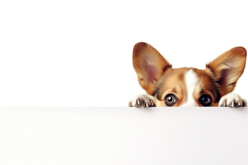 Corgi dog peeking behind a white empty banner on a white background. Free space for product placement or promotional text.