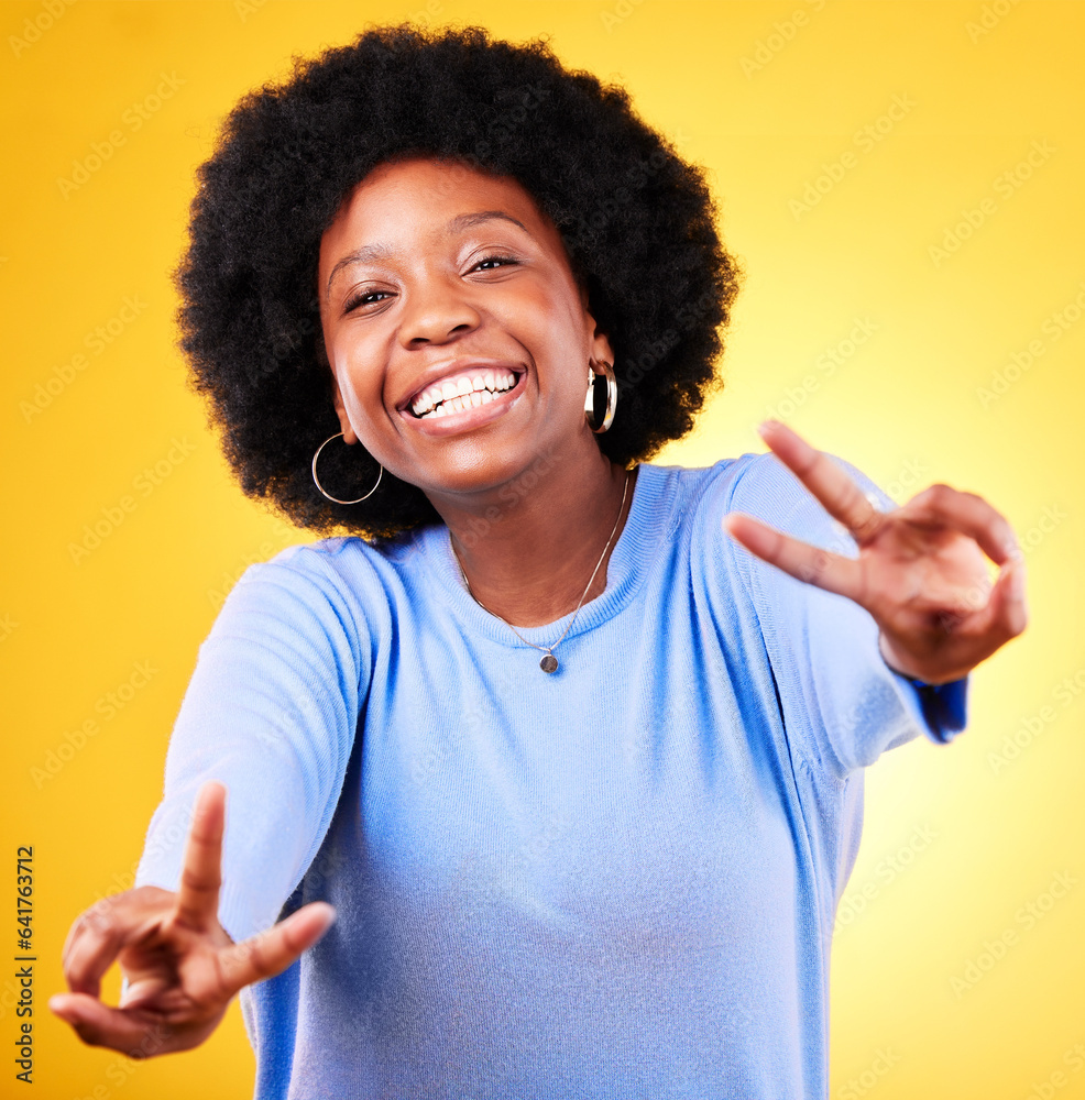 Poster Hand sign, peace and portrait of a woman in studio with fun emoji, excited face and v symbol. Happy african person on yellow background for positive mood, motivation and review with gesture or vote