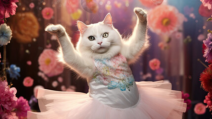 A white cat dances a waltz in a ballerina dress on a floral background.