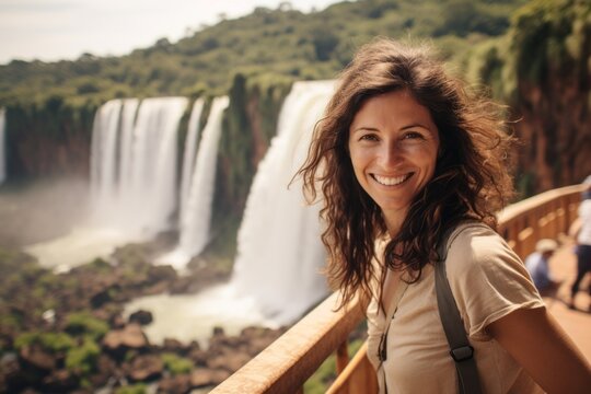 Medium shot portrait photography of a cheerful girl in her 40s wearing a trendy cropped top at the iguazu falls argentina-brazil border. With generative AI technology