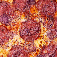 Close-up of pizza filling and texture, red onions, salami and cheese on top