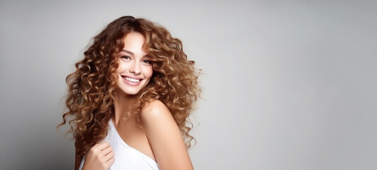 Model girl with shiny brown smooth healthy hair with long curly hair and glowing, skin natural beauty smooth skin for Care and hair products