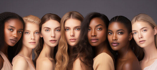 Portrait of diverse group of beautiful women with natural beauty and glowing smooth skin