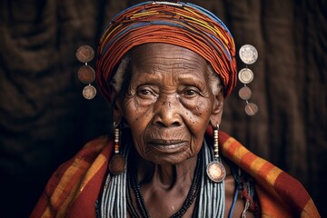 Close-up portrait photography of a glad old woman wearing an ornate brooch at the serengeti national park tanzania. With generative AI technology - obrazy, fototapety, plakaty