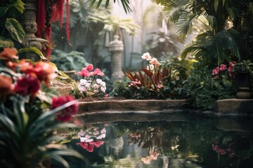 Fototapeta na wymiar lush garden soft focus blurry background - botanical backdrop for text overlay - AI Generated