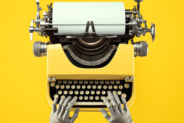 The hands of a robot trying to use a typewriter. Copywriter, automated tasks and ability to adapt to new technologies.