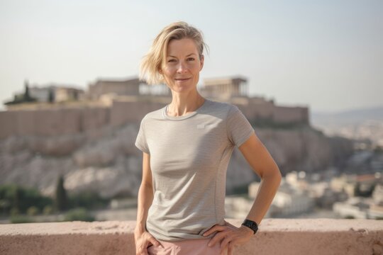 Studio portrait photography of a tender mature woman wearing a moisture-wicking running shirt at the acropolis in athens greece. With generative AI technology