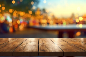 Empty wooden table and blurred background with bokeh, product display montage