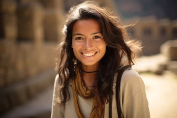 Foto op Plexiglas Machu Picchu Medium shot portrait photography of a grinning girl in his 30s wearing a delicate silk blouse at the machu picchu in cusco region peru. With generative AI technology