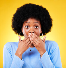 Fototapeta na wymiar Surprise, hands on mouth and portrait of a woman in studio with news, shock and wow. Face of a black person on a yellow background for announcement, gossip and facial emoji for secret or speechless