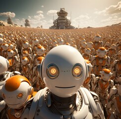 cute android robots, orange color, robot army, digital intelligence, artificial intelligence concept