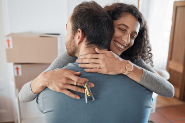 House keys, success or happy couple hug in real estate, property investment or buying apartment....