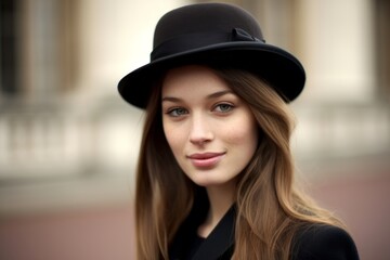 Medium shot portrait photography of a satisfied girl in his 20s wearing a charming cloche hat at the buckingham palace in london england. With generative AI technology