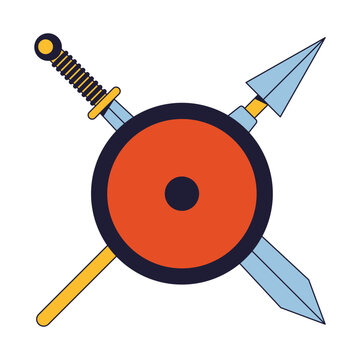 recommend clip art: Crossed medieval weapon behind shield flat line color isolated vector object. Sword and spear. Editable clip art image on white background. Simple outline cartoon spot illustration for web design