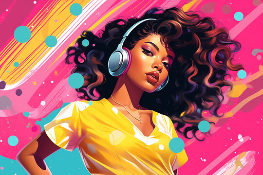 Generative Ai Illustration Black Woman Wearing Headphones Enjoying Music