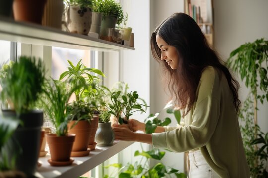 Woman Plant Tree Pot Greenery Plant Tree In Home Terrace, Woman Gardening At Home Weekend Activity Lifestyle