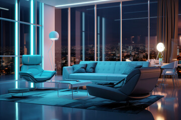 Modern interior futuristic living room night view with neon lights